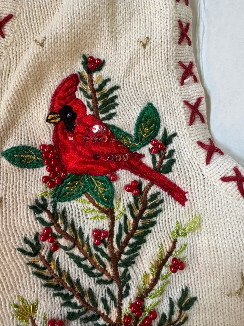 Bobbie Brooks White Embroidered Cardinal & Pinecone V-Neck Sweater Vest - Picture 5 of 13